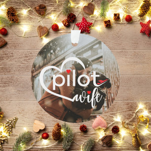 Pilot Wife Typography Heart & Airplane, Cute Photo Ornament
