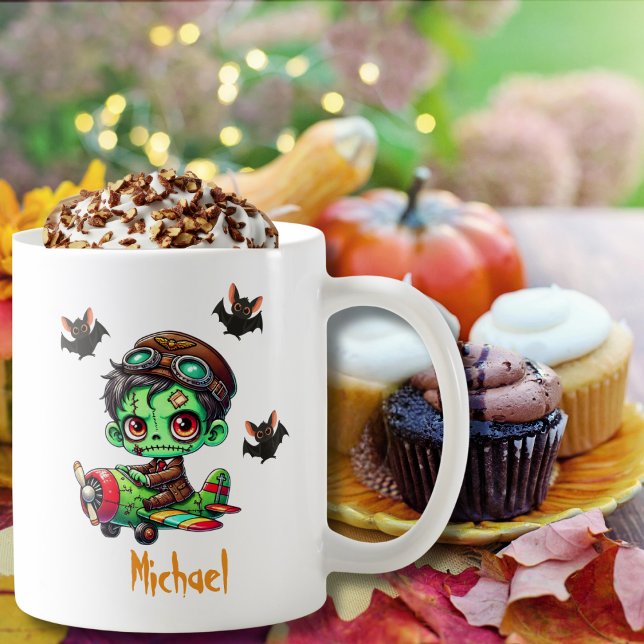 Pilot Zombie flying Airplane & Bat Funny Halloween Coffee Mug (Personalized design on left and right side.)