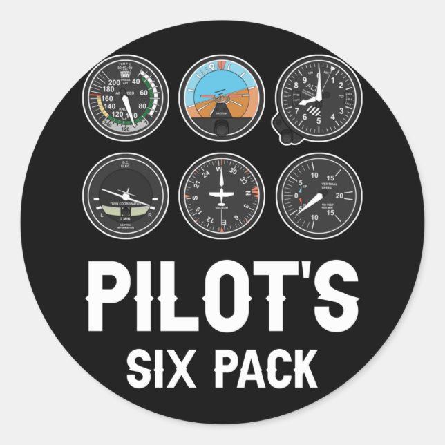 Pilot's Six Pack Flight Instruments Aviation Classic Round Sticker (Front)