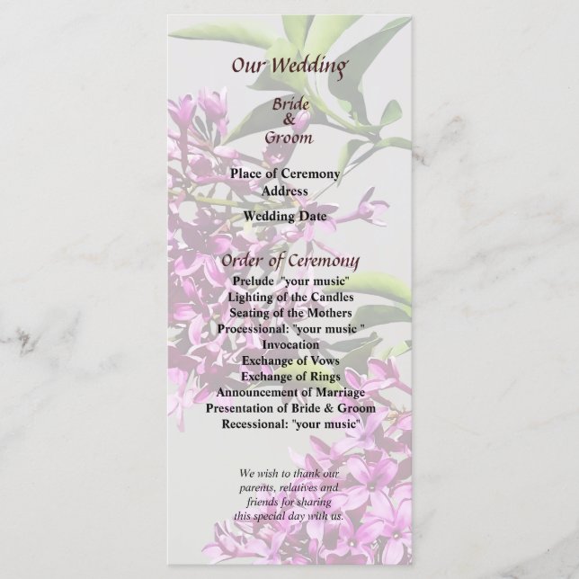 Pin Lilacs et programme de mariage Feuille (Devant)