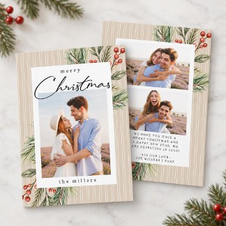 Pin Striped Holly Greenery 3 Photo Merry Christmas Holiday Card
