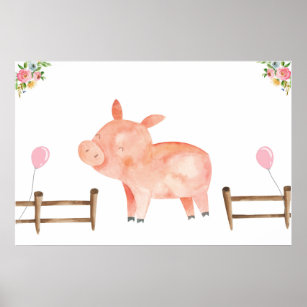Pin the Tail Pig Farm Animals Girl Birthday Pink Poster