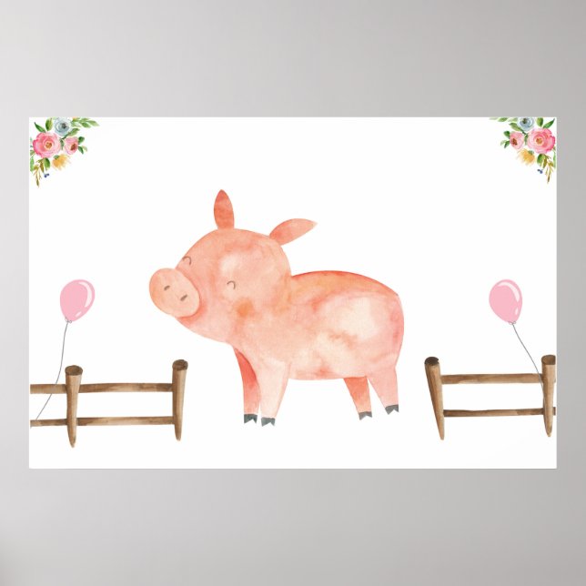 Pin the Tail Pig Farm Animals Girl Birthday Pink Poster (Front)