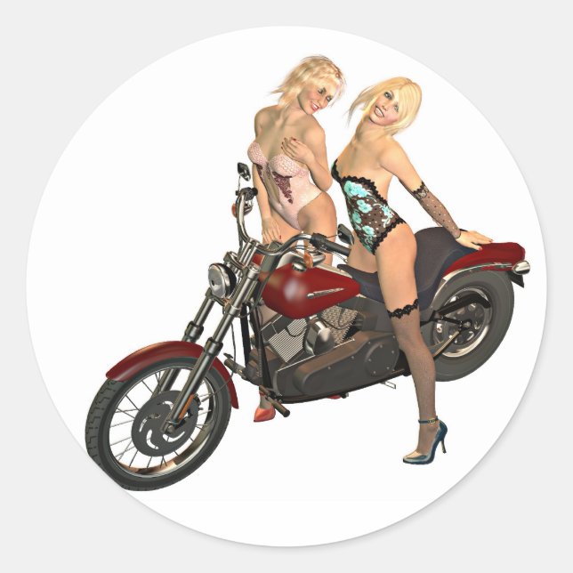 Pin-up biker girls classic round sticker (Front)