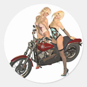 Pin-up biker girls classic round sticker