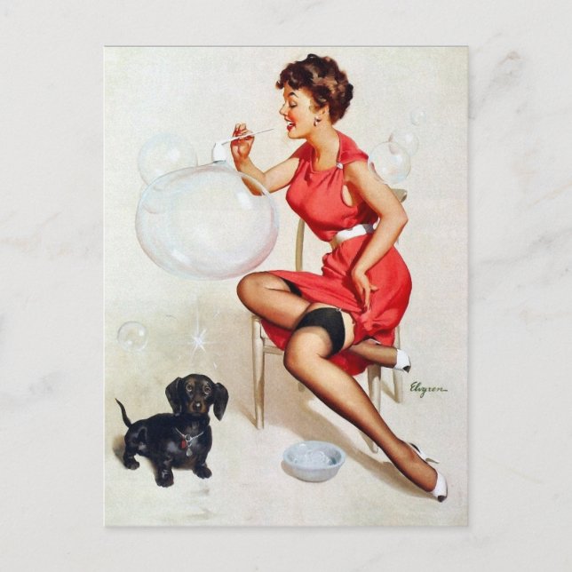 Pin-Up Blowing Bubbles Postcard (Front)