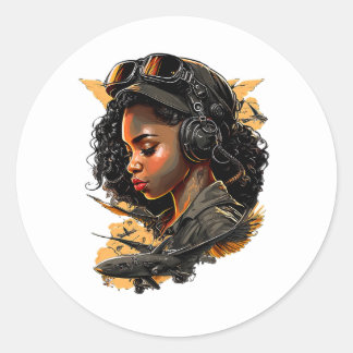 Pin Up Girl Black Woman Bomber Pilot Aviation Classic Round Sticker