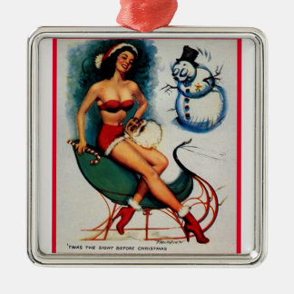 Pin Up Girl on Sleigh Metal Ornament