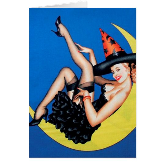 Pin-Up Girl Witch on The Moon Halloween Card