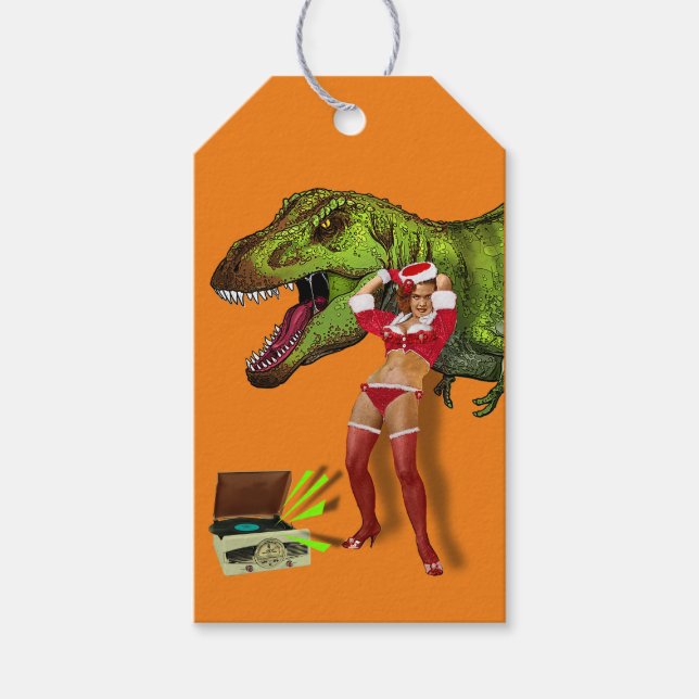 Pin-up navideña jurásica gift tags (Front)