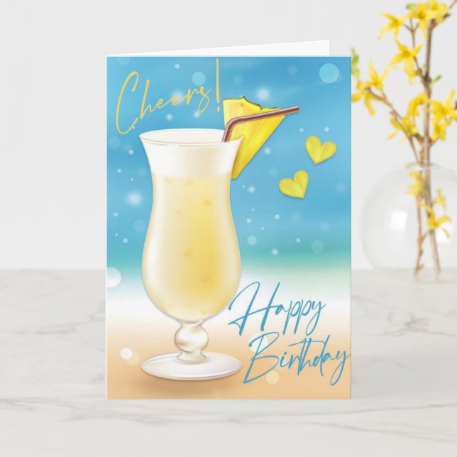 Pina Colada Cheers Happy Birthday Card (Yellow Flower)