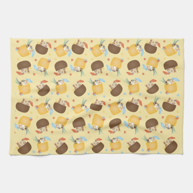 Pina Colada Pineapple Coconut Dogs Pattern Kitchen Towel (Horizontal)