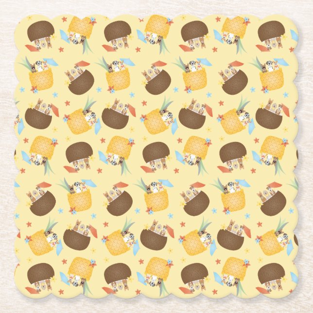 Pina Colada Pineapple Coconut Dogs Pattern Paper Coaster (Front)