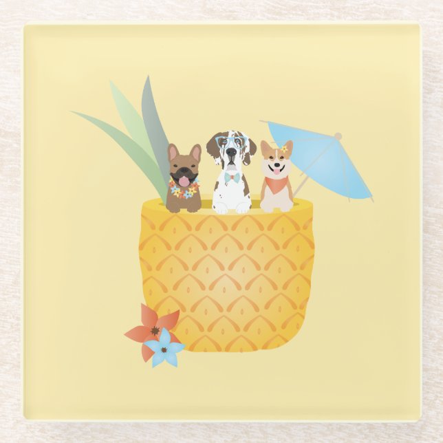 Pina Colada Pineapple Dogs Glass Coaster (Front)