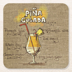 Pina Colada Recipe Bar Burlap Square Paper Coaster