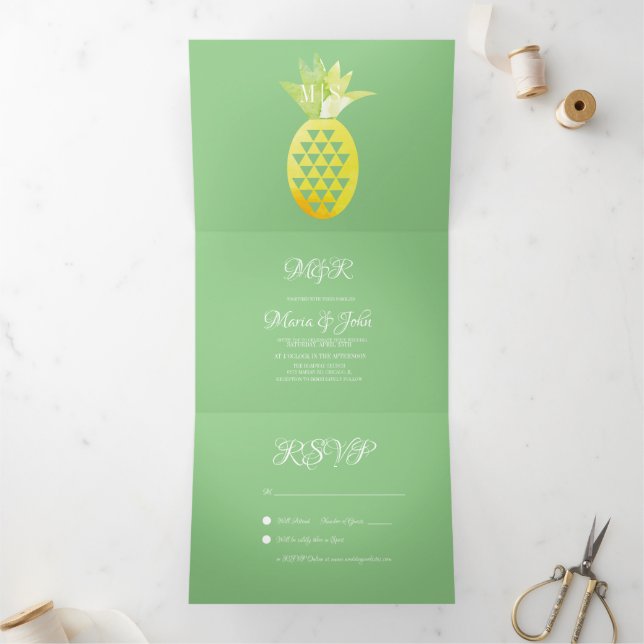Pina Watercolor Pineapple Fruit Tropic Wedding Tri-Fold Invitation (Inside)
