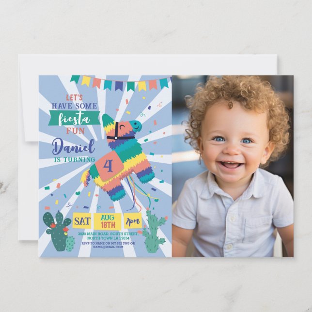 Piñata Birthday Party Blue Fiesta Mexican Photo Invitation (Front)