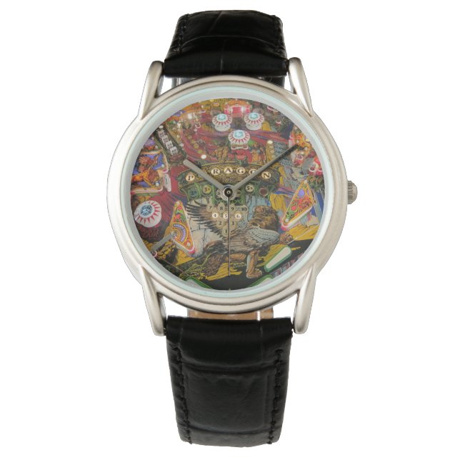 pinball face black leather watch (Front)