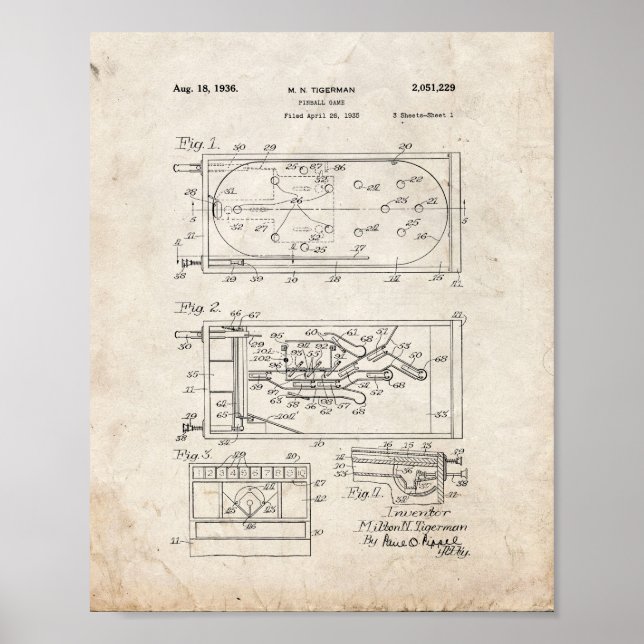 Pinball Game Patent - Old Look Poster (Front)