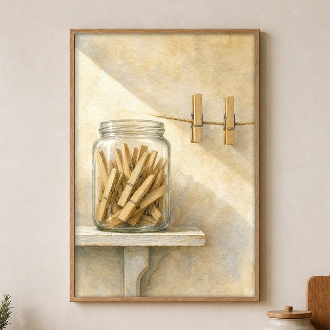 Pince à linge dans une affiche d'aquarelle de pot  (Shown framed for scale. Poster ships unframed; frames are an optional add-on.)
