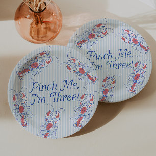 Pinch Me I'm Three Retro Lobster Blue 3rd Birthday Paper Plate