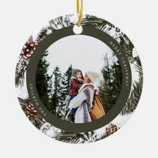 Pine and Baubles Photo Ceramic Ornament (Front)