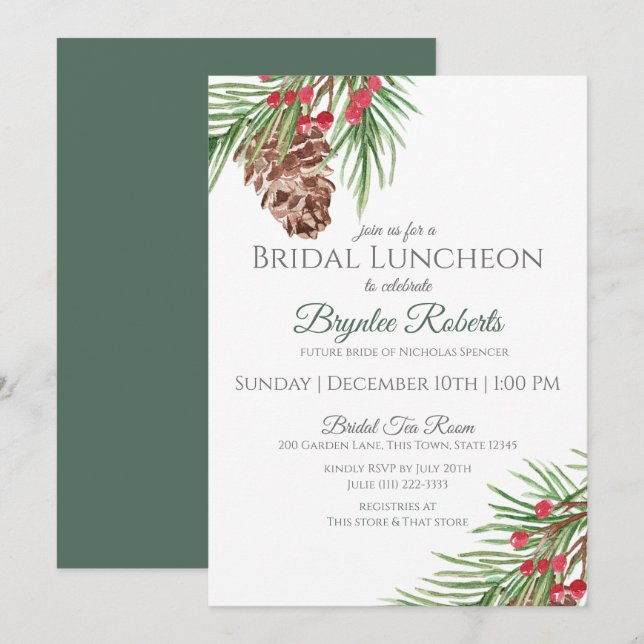 Pine and Berries Winter Bridal Luncheon Invitation (Front/Back)