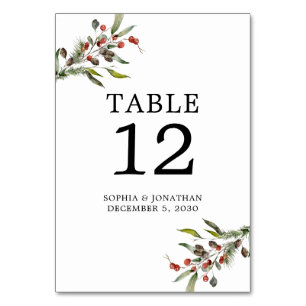 Pine and Berries Winter Wedding Personalized Table Number
