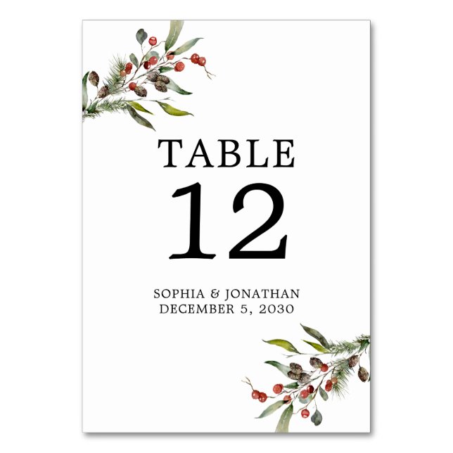 Pine and Berries Winter Wedding Personalized Table Number (Front)