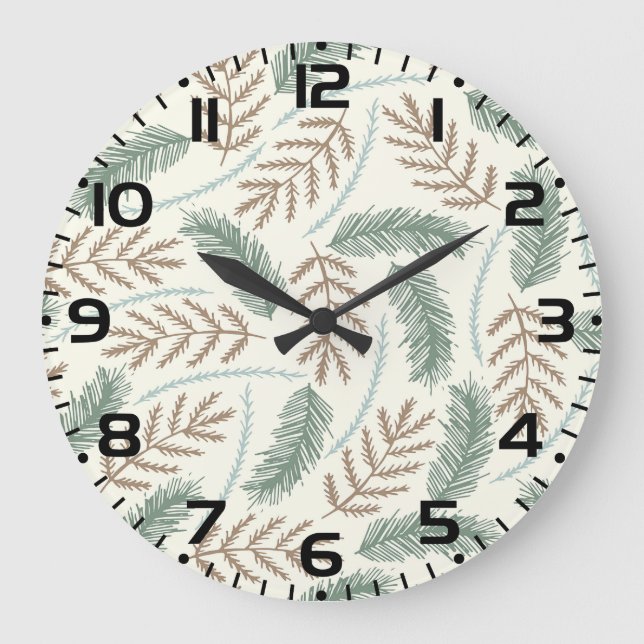 Pine and Cedar Evergreen Branches Pattern Large Clock (Front)