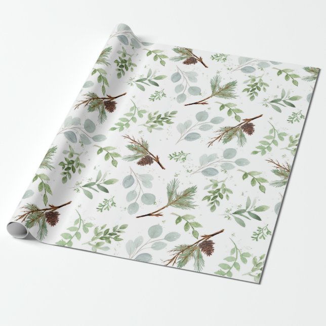 Pine and Eucalyptus Watercolor Wrapping Paper (Unrolled)