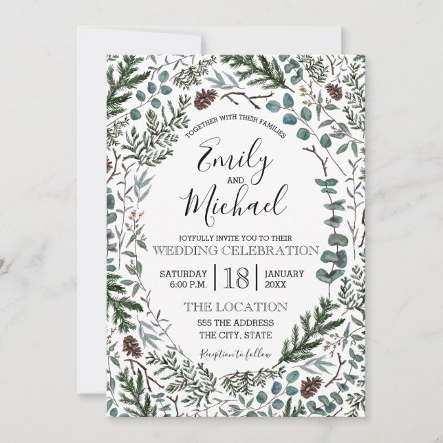 Pine and Eucalyptus Wedding Invite (Front)