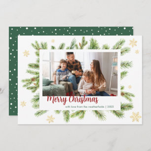 Pine and Family Photo Christmas Botanical Script Holiday Card