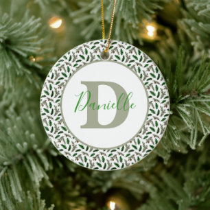 Pine and holly personalized ceramic ornament