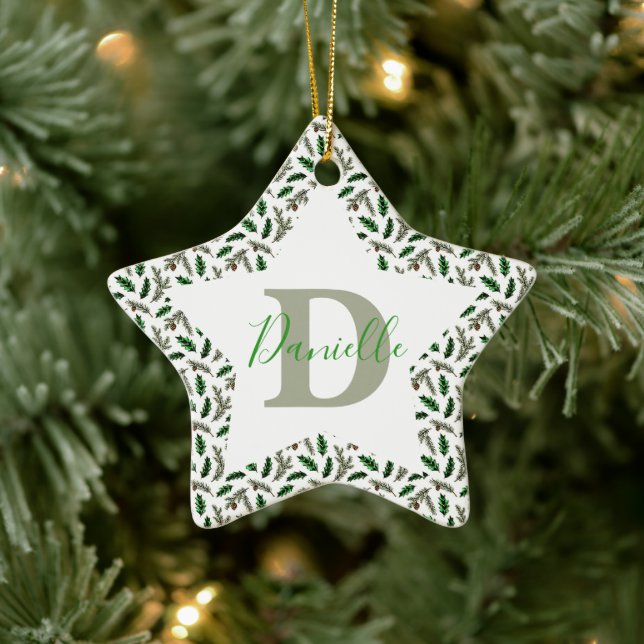 Pine and holly personalized ceramic ornament (Tree)