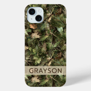 Pine and Leaves Camouflage Personalized iPhone 15 Mini Case