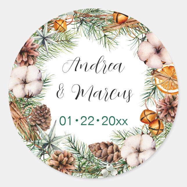 Pine and Oranges Wedding Wreath Classic Round Sticker (Front)