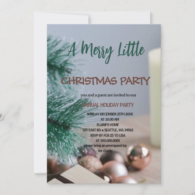 pine and Ornaments Merry Little christmas party  Invitation (Front)