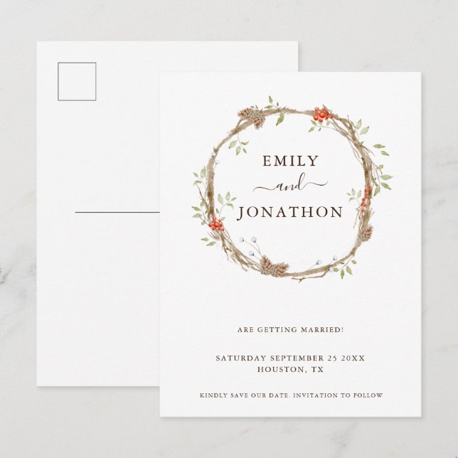 Pine Berries Christmas Wedding Save The Date Annou Announcement Postcard (Front/Back)