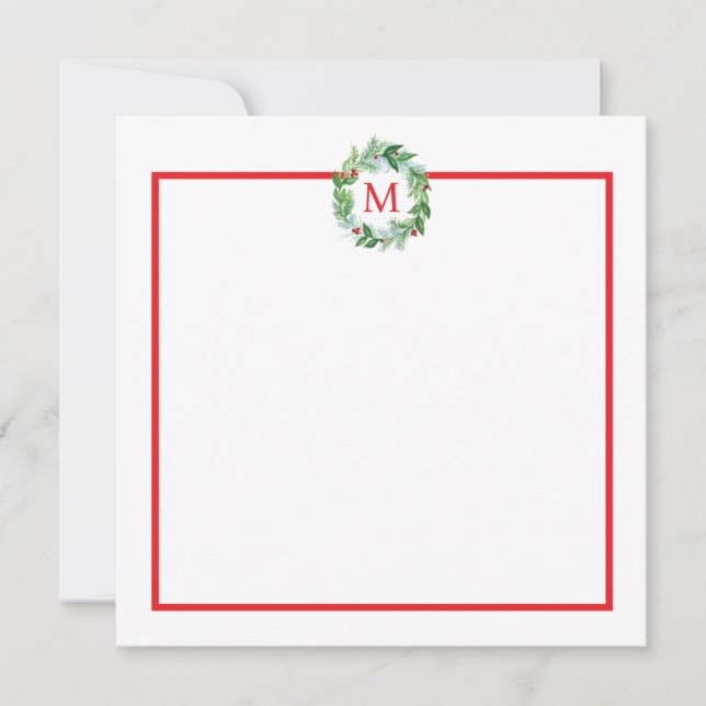 Pine Berries Watercolor Xmas Wreath Monogram Thank Card (Front)