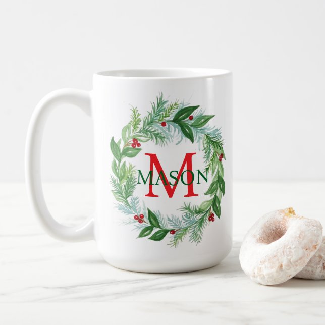 Pine Berries Wreath Monogram Christmas Coffee Mug (With Donut)