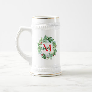 Pine Berries Wreath Monogram Christmas Stein