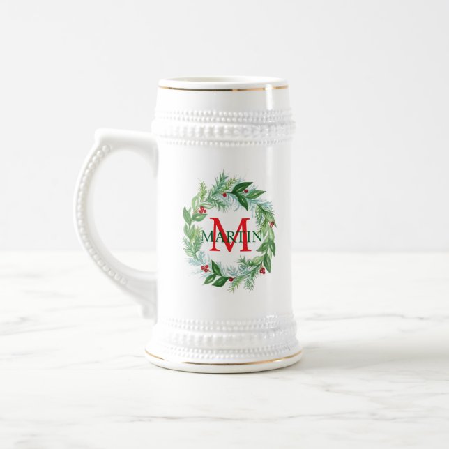 Pine Berries Wreath Monogram Christmas Stein (Left)