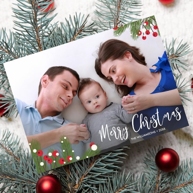 Pine Berry Botanical Merry Christmas Holiday Photo (Creator Uploaded)