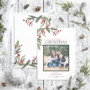 Pine Berry Merry Christmas Script Photo Holiday Ca Card