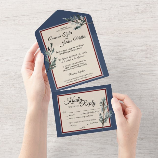 Pine Blue Winter Wedding All In One Invitation (Tearaway)