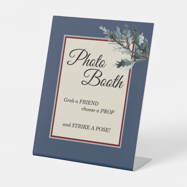 Pine Blue Winter Wedding Photo Booth Pedestal Sign (Front)