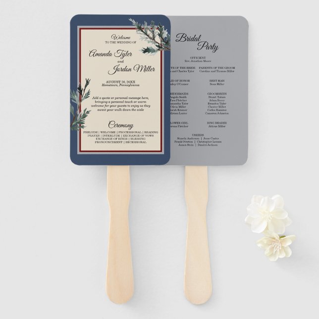 Pine Blue Winter Wedding Program Hand Fan (Front and Back)