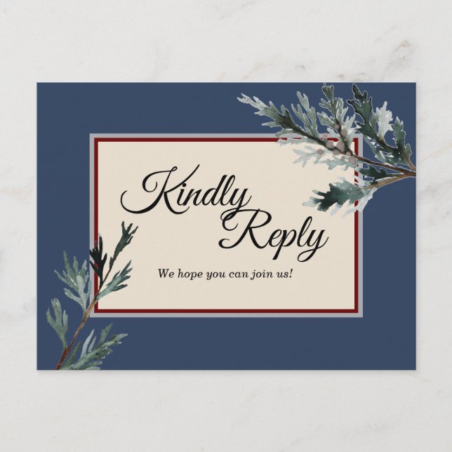 Pine Blue Winter Wedding Réponse Carte postale (Devant)