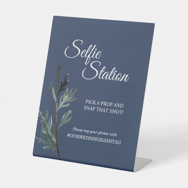 Pine Blue Winter Wedding Selfie Station Pedestal Sign (Front)